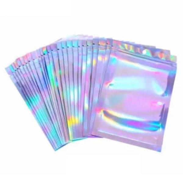 100 kpl Hologrammi sellofaanipussi itsetiivistävä pussi 9 x 12 cm Iridescent vetoketjullinen pussi karkkeja keksejä varten