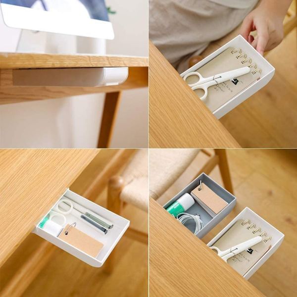2 stk. Skuffeskuffe til skrivebord, selvklæbende skuffeskuffe til blyanter, makeup-arrangør, skrivebordsskuffe skjult til kontor (22,3 x 9 x 3,5 cm)