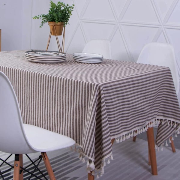 Rustika Dukar med Pom Pom-tofsar, Burlap Linne Bomullsblandning Tyg Miljövänliga Färger, 120x160, Fläckbeständig Inomhus Utomhus Matbord