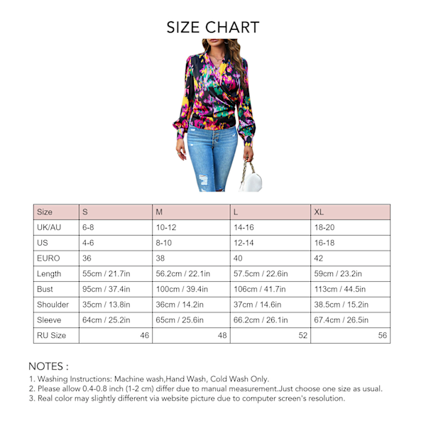 Dam Satin Wrap V-ringad Blus Blommig Puff Långärmad Lös Passform Elegant Topp Svart M