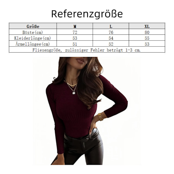 Långärmade tröjor för damer, ribbstickade bastoppar Claret L