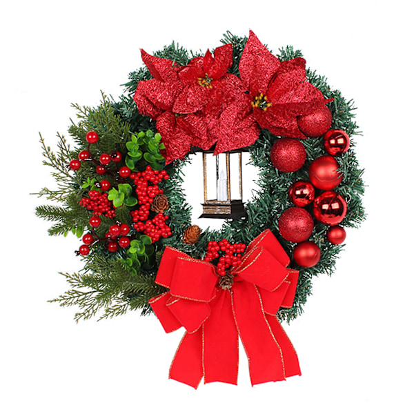 Julkrans för ytterdörrsdekoration, röda bär Julstjärneblommor Rosett Julgranskula med ljus