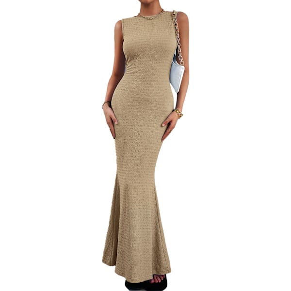 Ärmlös Stickad Kroppsnära Lång Klänning Slim Fit Elegant Enfärgad Ärmlös Kroppsnära Maxiklänning för Kvinnor Khaki L