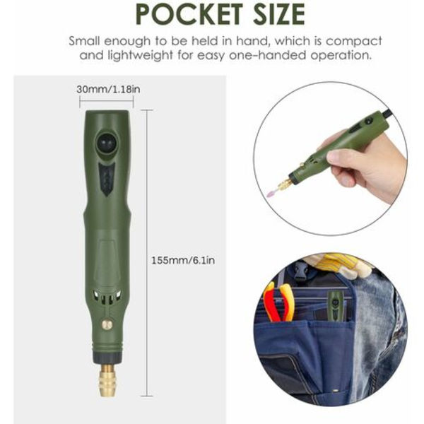 KKmoon Liten elektrisk slipmaskin sladdlös justerbar hastighet upp till 15000 RPM USB uppladdningsbar liten elektrisk poleringsgravering och skärpenna grön