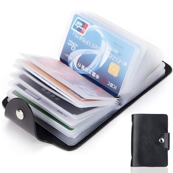 Kreditkortholder Kreditkort Punge til Kvinder/Mænd Blødt Læder med 24 Kortpladser ID Bankkort Etui Tegnebog (Lodret & Sort)
