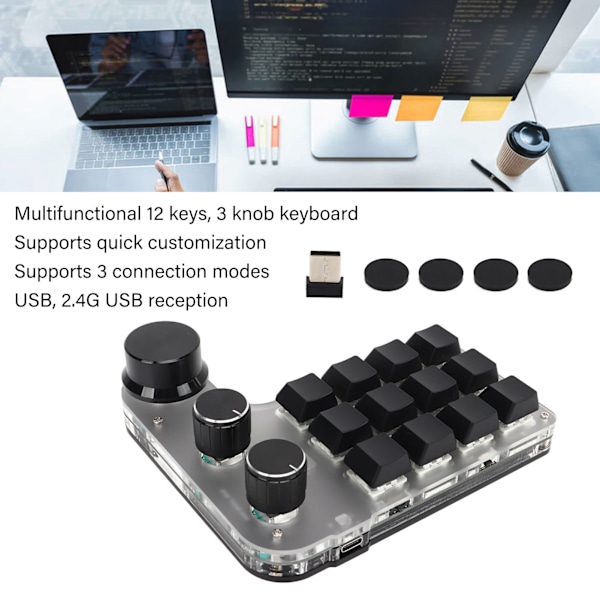 Programmerbar tastatur med RGB 3 knott 12 taster 2.4G USB-mottaker Bluetooth DIY multifunksjonstastatur