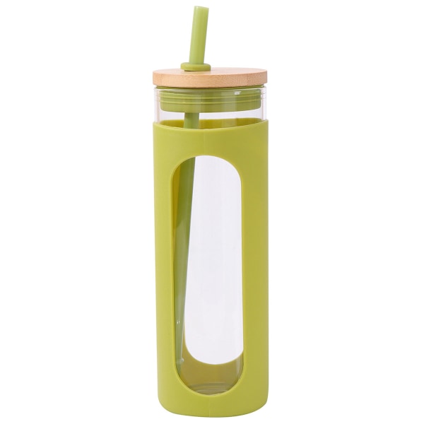 Glass Water Bottle with Bamboo Straw and Lid, Wide Mouth Water Tumbler,Straw Silicone Protective Sleeve BPA FREE