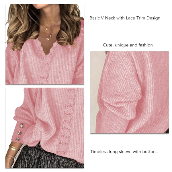 Dam Långärmad Tröja V-ringad Spetskant Lös Passform Knappdekor Enfärgad Pullover Stickad Topp Rosa XXL