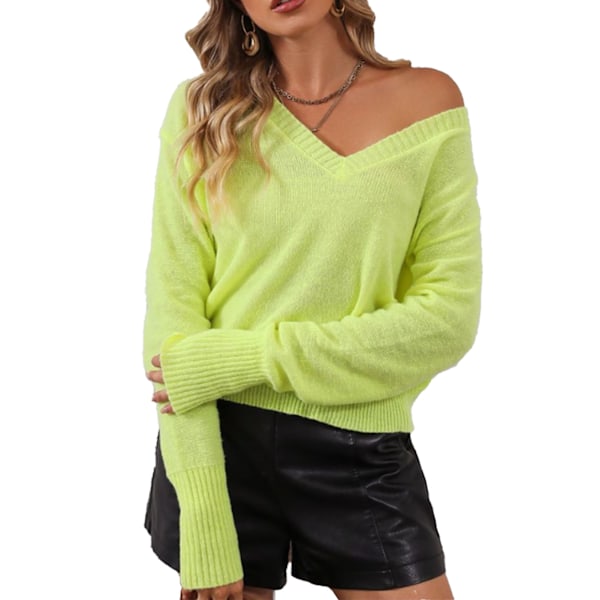 Damstickad Tröja Långärmad Tröja V-ringad Pullover Lösstickad Topp för Inomhus Utomhus Gul Grön S