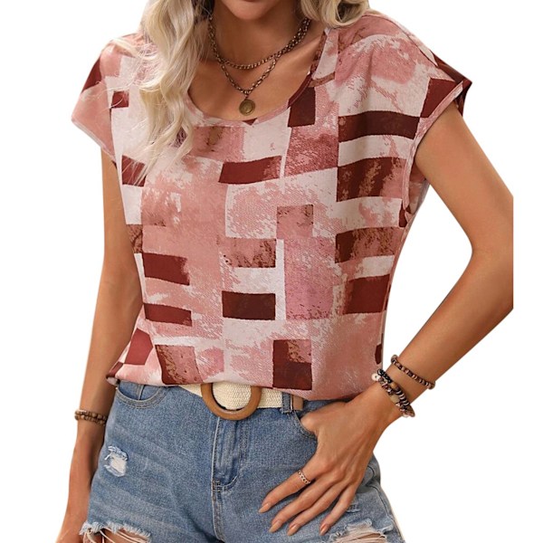 Dam Casual Topp med Geometriskt Tryck Kortärmad Rund Hals Andningsbar T-shirt för Sommar Röd L