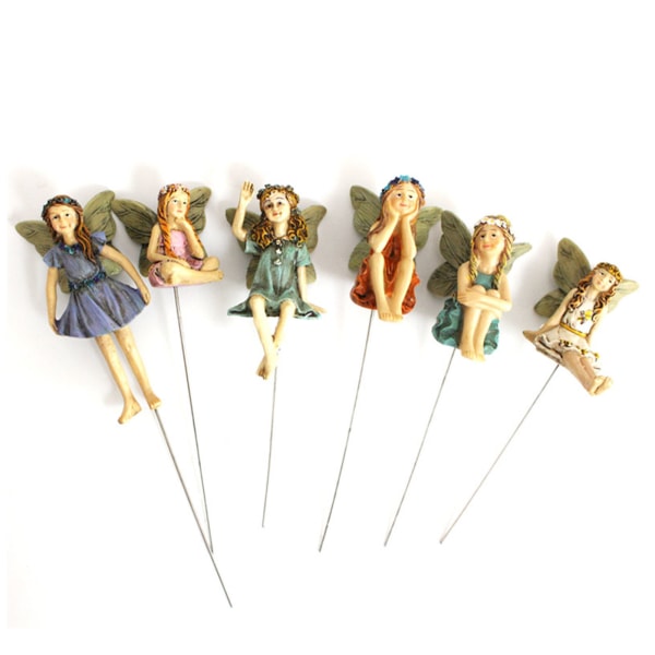 6st Mini Fairies Figurines Söt Klart mönster Harts Miniatyr Fairy Skulptur för Fairy Garden Accessoarer