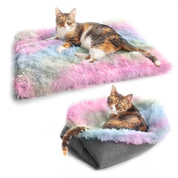 Pet Comfort Oasis, Mjuk Plysch, Självvärmande Kattsäng, Halkfri Botten, Regnbågsfärgad Bäddstil, Hållbar Hög Kvalitet, Konvertibel 2-I-1 Design för