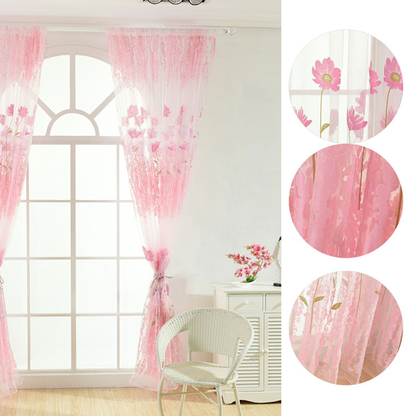 Polyester Floral Pattern Vindus Tulle Voile Gardin Soverom Stue Innredning (Rosa)