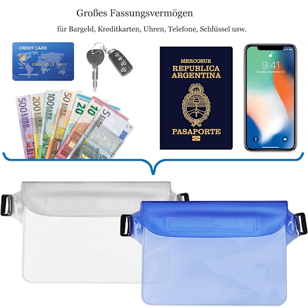 2-pack transparenta vattentäta påsar med justerbar vattentät väska, IP68 vattentät telefonväska, vattentät midjeväska för strand, vattensporter, simning,
