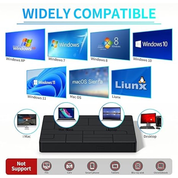 Innovativ Optisk Enhet, USB 3.0 Extern CD/DVD-enhet för Laptop, Stationär PC, CD-brännare med Tyst Drift, DVD-spelare för Windows, Mac, Linux OS
