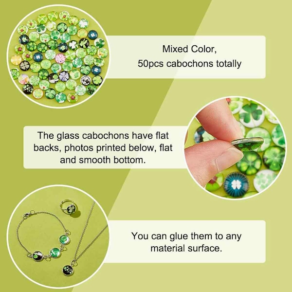 Lyckobringande Glasstenar För DIY, Smyckestillverkning Platt Baksida Glas Cabochoner Med Fyrklöverdesign 12Mm Blandad Färg, Vattentät Och Glansig