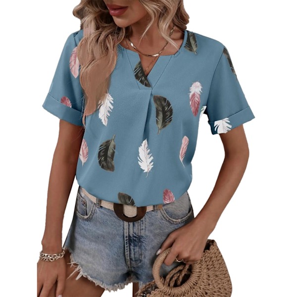Dam Kortärmad Topp V-ringad Fjäder Tryckt Lös Passform Casual Stilfull Dam Sommar Blus Påfågel Blå S