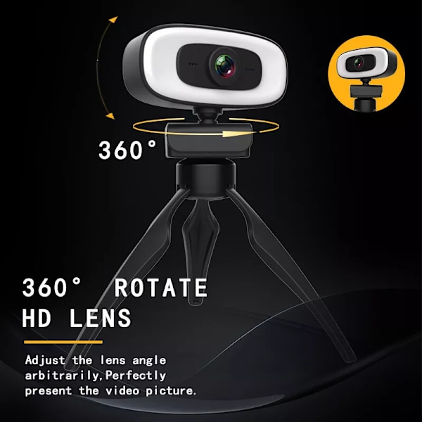 4K Webbkamera för videosamtal, Full HD-webbkamera med 360° PTZ-klämma och sekretesskydd för ökad säkerhet