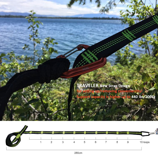 Säkra och robusta hängmattband, extra starka med 1800 kg viktkapacitet, knutfria & justerbar längd, vattenresistenta & UV-skyddade för