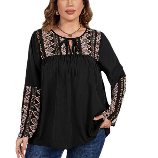 Dam Långärmad Plus Size Topp Plisserad Blommig Rund Hals Lös Passform Knyt Fram Casual Blus Svart XXXXL