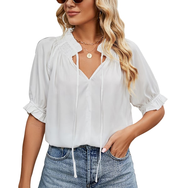 Blus med dragsko, V-ringning, halv ärm, enfärgad, ledig, elegant, ventilerande damtröja för dejting, vit, M