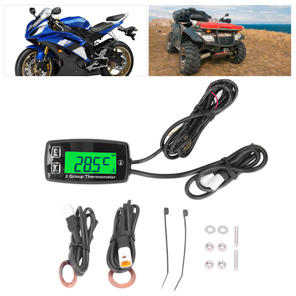 Dubbelkanal LCD-termometer Motortemperaturmätare Digital display med grön bakgrundsbelysning för motorcykelbåt ATV