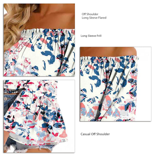 Dam Off Shoulder Topp Casual Utsvängd Långärmad Volang Blus Rynkad Lös Elegant Skjorta Vit Botten Blå Färgmönster S