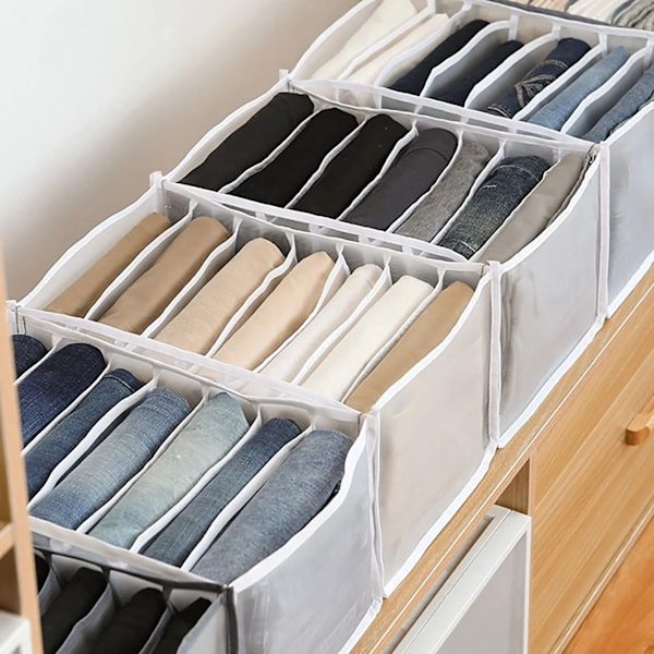 2 x Jeans Opbevaringsboks Skuffe Tøj Skuffe Mesh Divider Box Garderobe Tøjarrangør 7 Rum (Hvid, 36 x 25 x 20 cm)