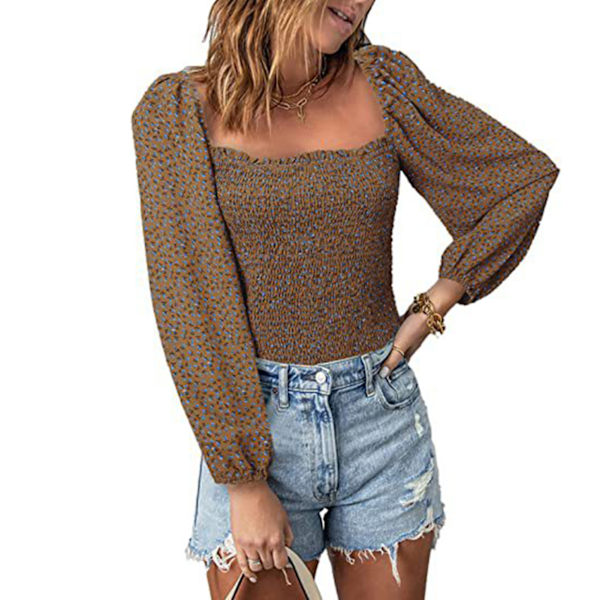Dam Blommig Tryckt Topp Casual Rynkad Puff Långärmad Blus Dam Rynkad Byst Rynkad Midja Topp Khaki XXL
