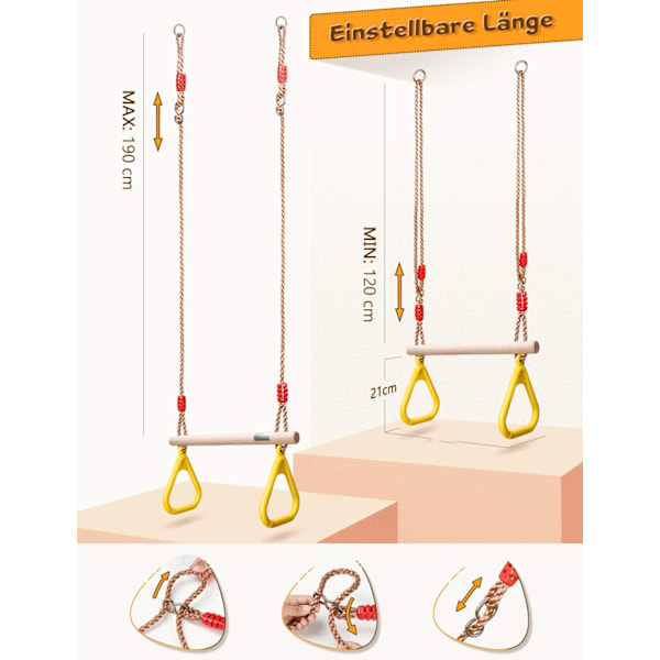 Ninja Warrior Hinderbana Swing Bar, Kraftig Massiv Furu Trapez med Justerbara Hängrep, Fitness Gymnastikringar för Inomhus Utomhus