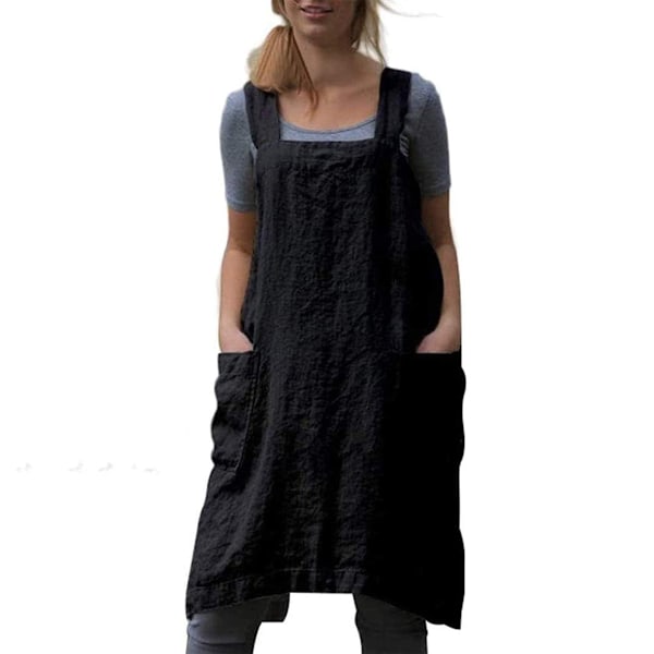 Pinafore-esiliina, ristiesiliina taskuilla, puuvillapellavainen esiliinamekko, pluskoko