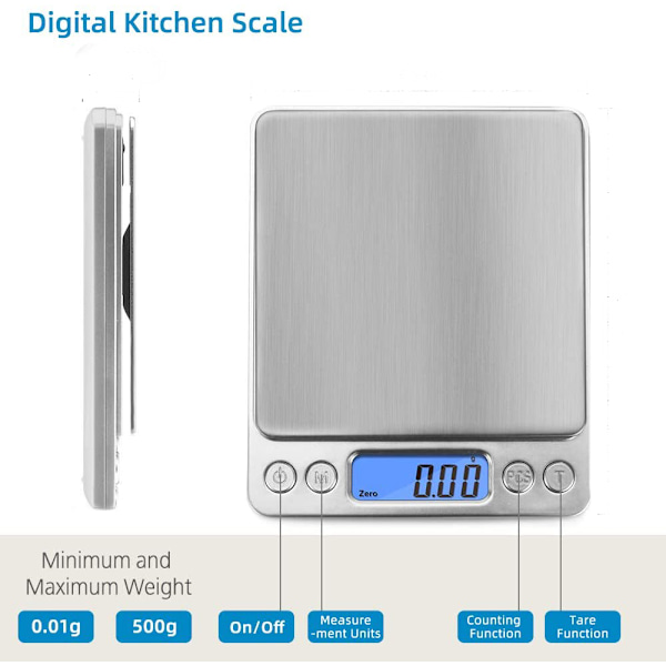 Digital köksvåg, rostfri stålplattform med tydlig blå bakgrundsbelyst LCD, 9 viktenheter för hög precision, tareringsfunktion, automatisk avstängning, lätt att