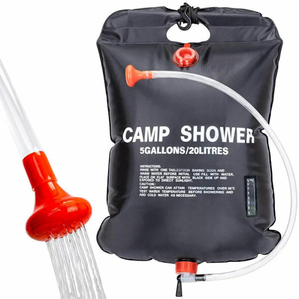 Solarduschväska Camping 20L Resor Solenergiuppvärmd Bärbar Varmvatten med Avtagbar Slang 45°C Omvkopplingsbar Duschhuvud för Vandring, Klättring