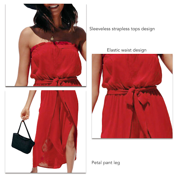 Dam Strapless Toppar Byxor Sommar Mode Elegant Slimmande Elastisk Midja Dam Off Shoulder Toppar Vida Ben Byxor Röd M
