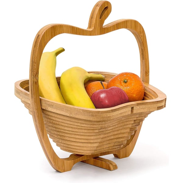 Foldable apple-shaped fruit basket Bamboo Accordion fruit holder Wood HxWxD: 30 x 27 x 22.5 cm, natural