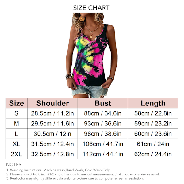 Dam V-ringad Tank Top Vacker Batik Lös Passform Sommar Ärmlös Väst för Vardagsbruk Rosröd M