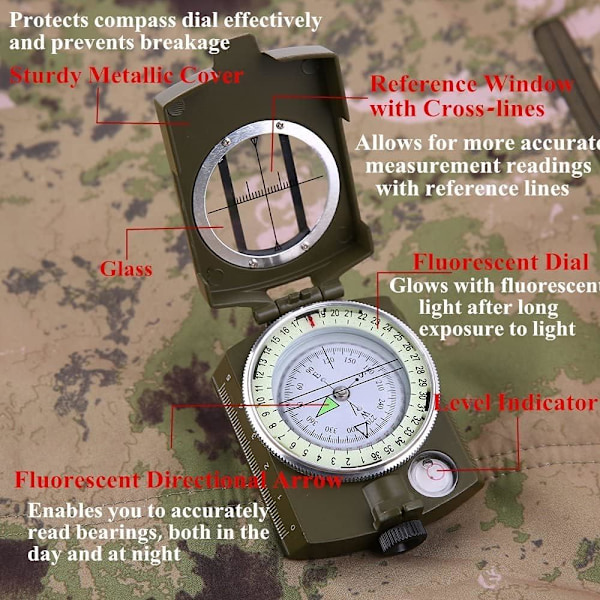 Överlevnadsutrustning för friluftsentusiaster, militär kompass med högprecisions magnetisk nål för jakt, vandring och camping (militär kvalitet)