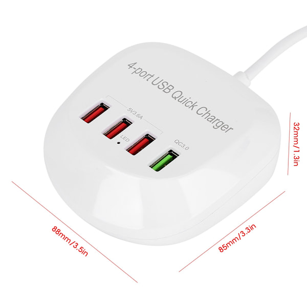 Spenning AC100-240V Bærbar 4 Porter USB Lader QC3.0 2.4A5V9V12V 3 USB 5V Utgangsport Reiseladere 36WEU