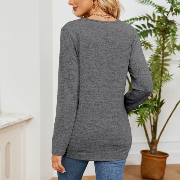 Dam V-ringad Långärmad T-shirt Spetsdetaljer Lös Modern Passform Basic Topp Tunika Mörkgrå XL