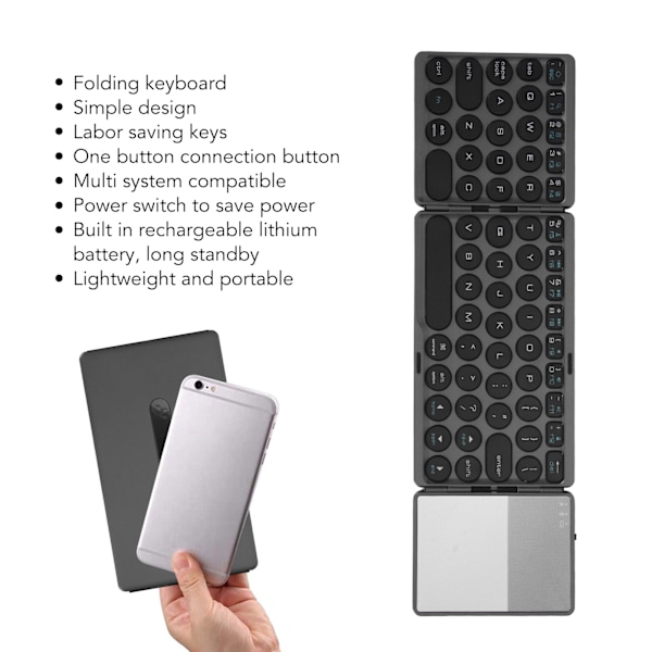 Rund Bluetooth Vikbart Tangentbord med Pekplatta Universell 140mAh Trådlös 64-Tangenters Vikbart Tangentbord Svart