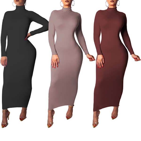Höst och Vinter Dam Färg Långärmad Polokrage Bodycon Maxiklänning Slim Sexig Lång Klänning för Vardagsbruk Plus Storlek S-2X