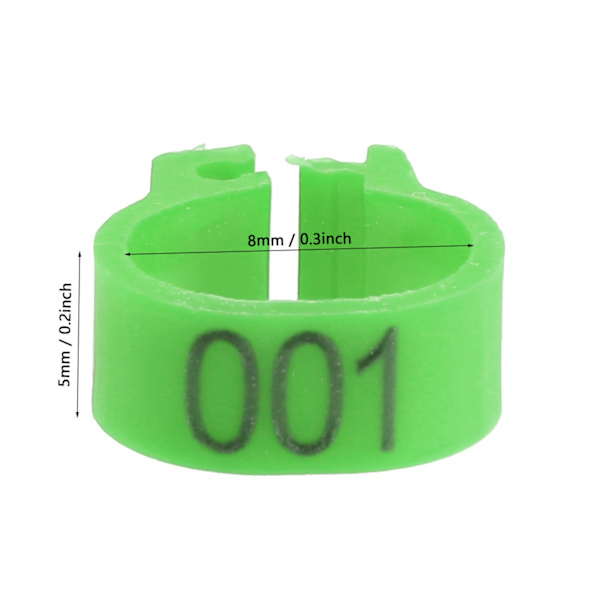 100 st/påse 8MM 001-100 Numrerade plastbrevduva fågelbenband ringar (grön)