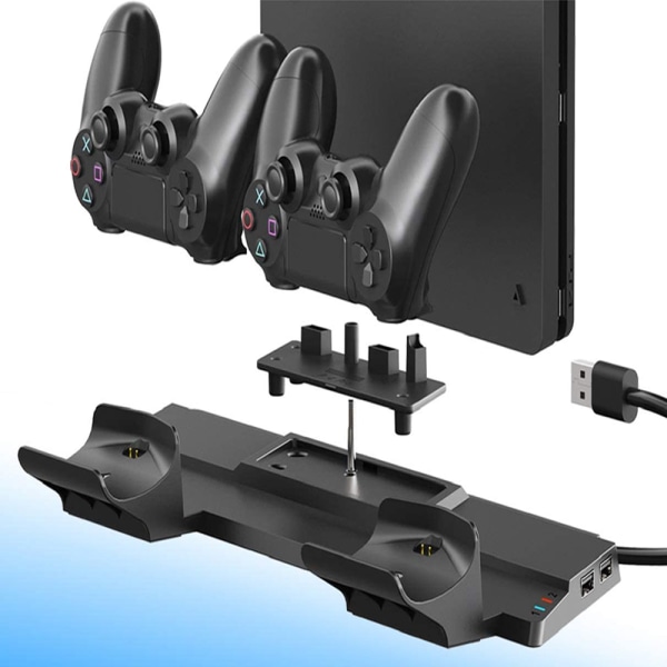 PS4 vertikalt laddningsstationsställ med dubbla laddningsställ Laddarhållare för trådlös handkontroll med 4 x miniadapterdongel och 2 x USB portar för