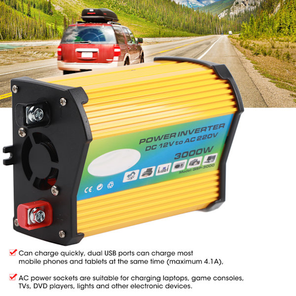 Auton invertteri, kaksois USB 300W, automaattinen virtamuunnin, muunnettu siniaaltosovitin 12V à 220V