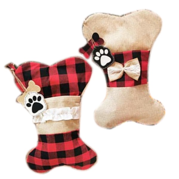 2pcs Pet Dog Christmas Stockings, Burlap Plaid Bone fish Shape