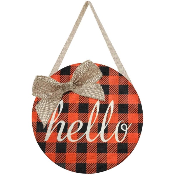 Orange Buffalo Check Plaid Burlap Hello Sign Door Hanger - Fal