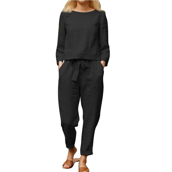 Dam 2-delade outfits Enfärgad rund hals långärmad dragsko i midjan vida ben byxdressar för vardagsbruk Svart S