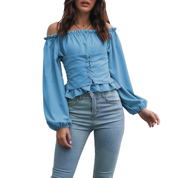 Dam Off Shoulder Lång Puffärm Toppar Enfärgad Snörning Fram Shirrad Blus Skjorta för Dejting Blå M
