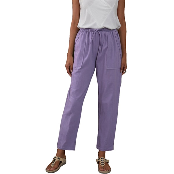 Dam Casual Byxor Bomull Linne Dragsko Bakre Elastisk Midja Byxor med Fickor C21037 Lila XL