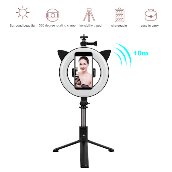 Matkapuhelimen Bluetooth-selfiekeppi 6 tuuman LED-täyttövalolla Integroitu jalustan live-teline